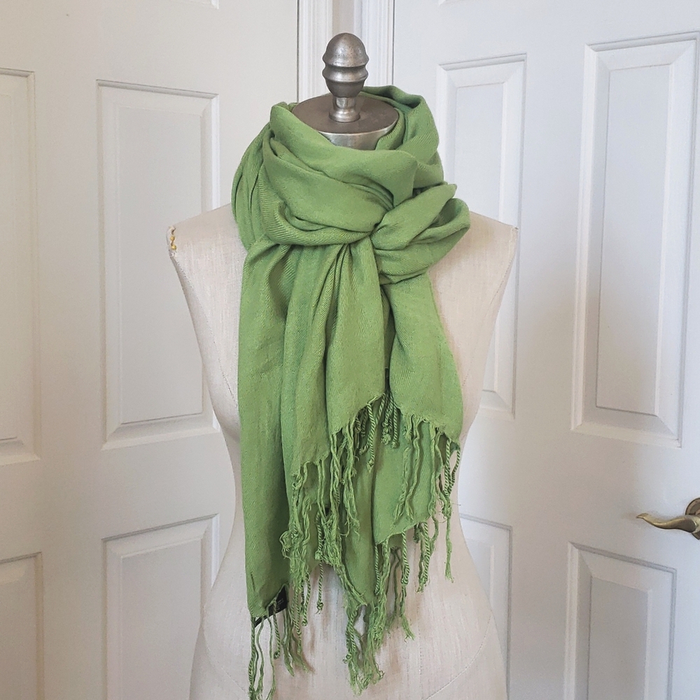 Green Pashmina Scarf Wrap -- Avocado Lime Fringe Shawl OS - Picture 2 of 4